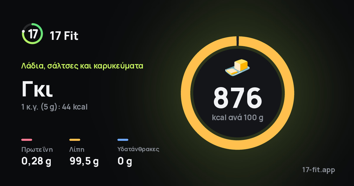 Γκι: 876 kcal ανά 100 g, πρωτεΐνη 0,28 g, λίπη 99,5 g, υδατάνθρακες 0 g.