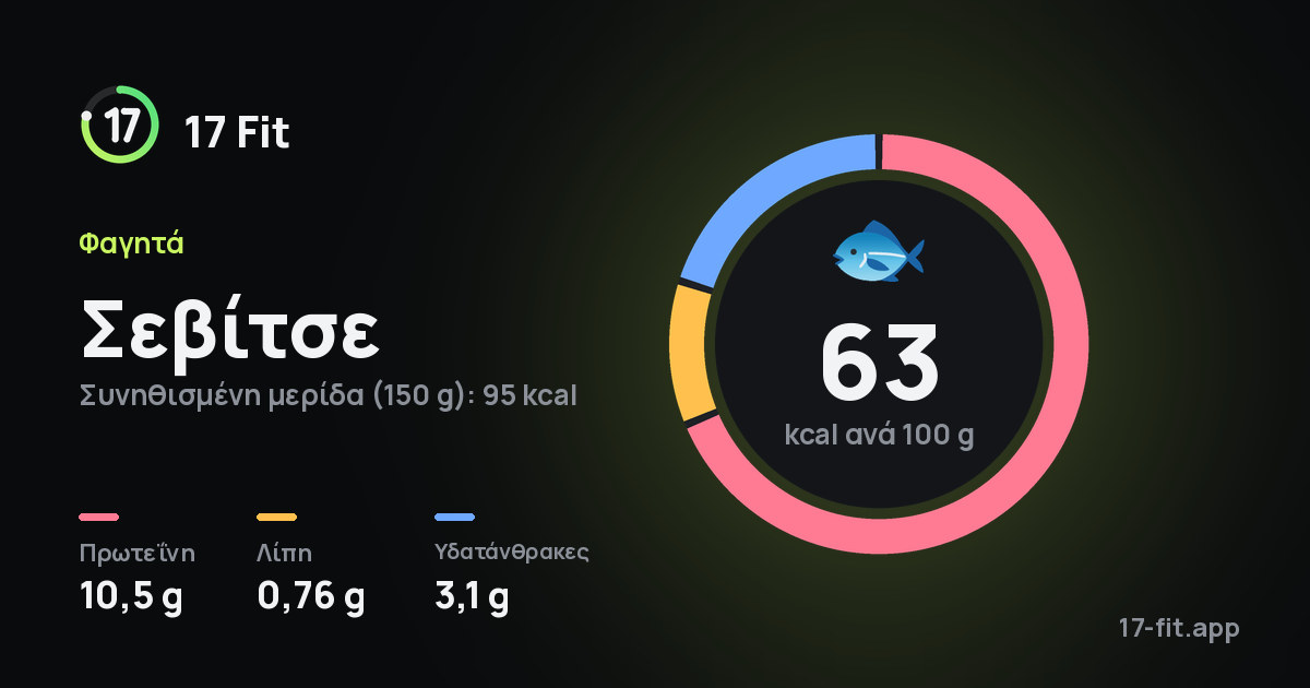 Σεβίτσε: 63 kcal ανά 100 g, πρωτεΐνη 10,5 g, λίπη 0,76 g, υδατάνθρακες 3,1 g.