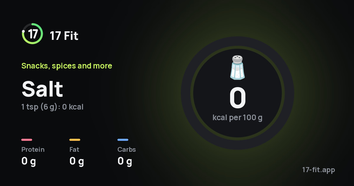 Salt: 0 kcal per 100 g, protein 0 g, fat 0 g, carbs 0 g.