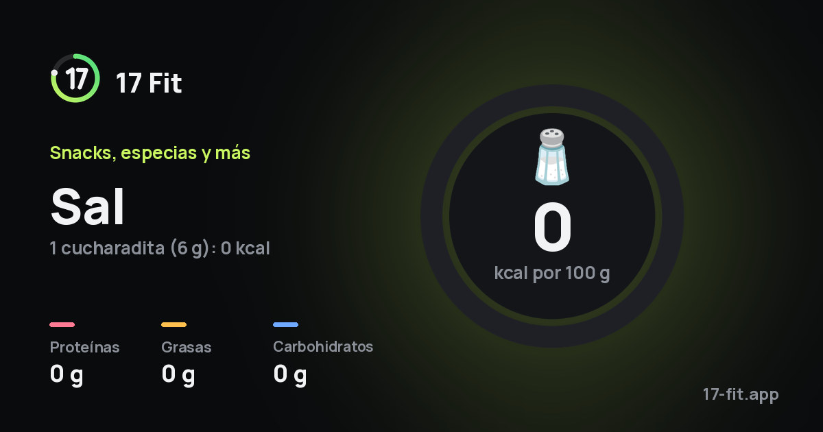 Sal: 0 kcal por 100 g, proteínas 0 g, grasas 0 g, carbohidratos 0 g.