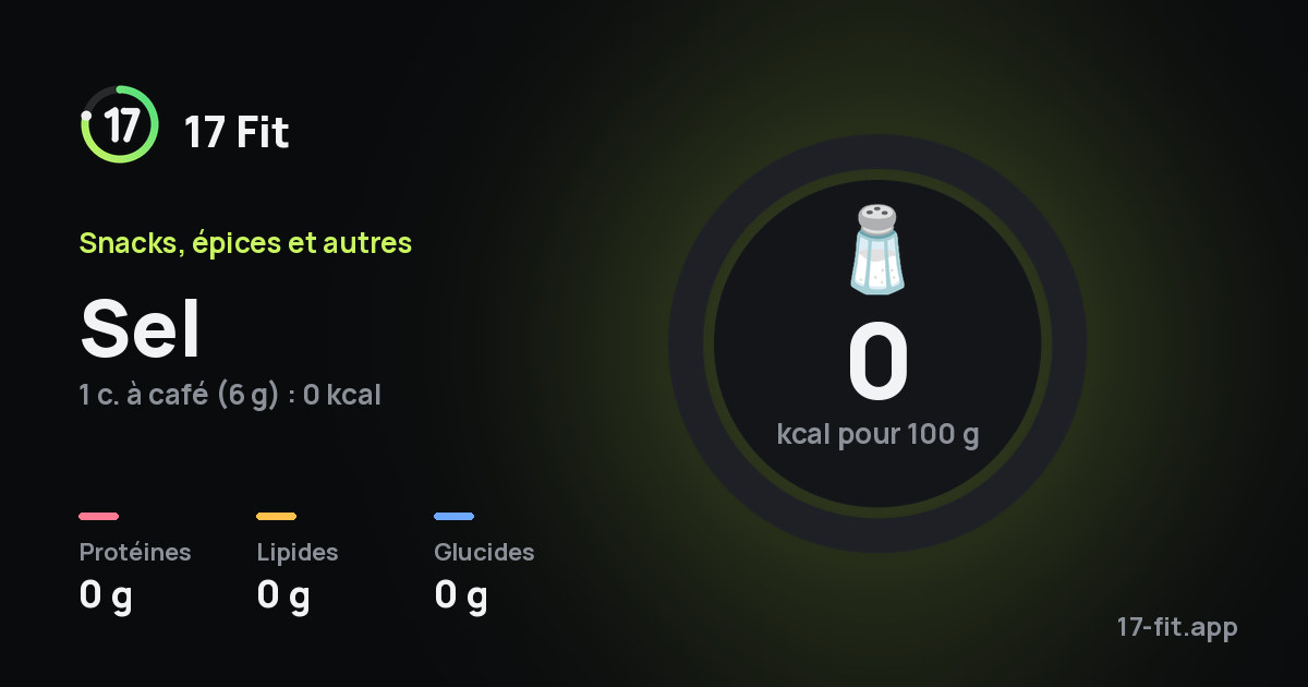 Sel : 0 kcal pour 100 g, protéines 0 g, lipides 0 g, glucides 0 g.
