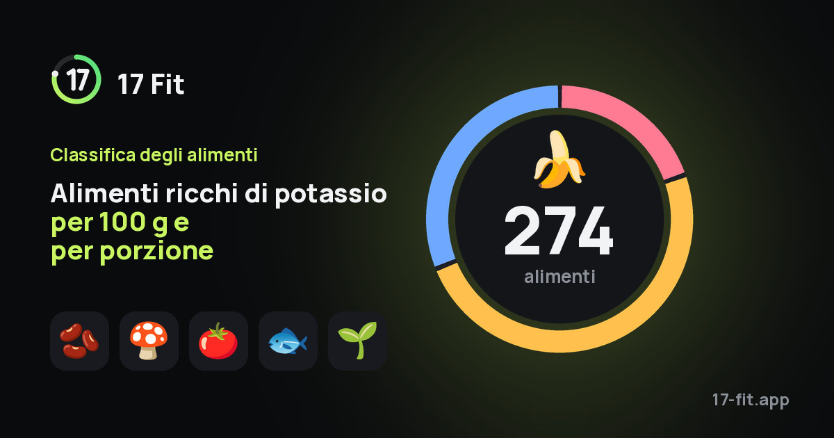 Alimenti ricchi di potassio per 100 g e per porzione