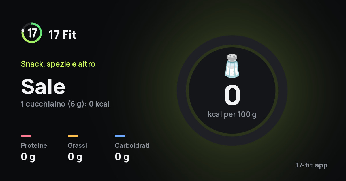 Sale: 0 kcal per 100 g, proteine 0 g, grassi 0 g, carboidrati 0 g.