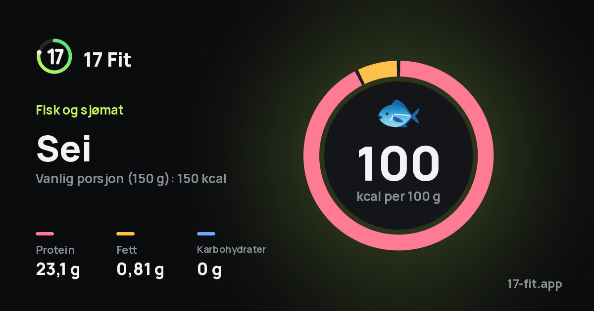 Sei: 100 kcal per 100 g, 23,1 g protein, 0,81 g fett, 0 g karbohydrater.