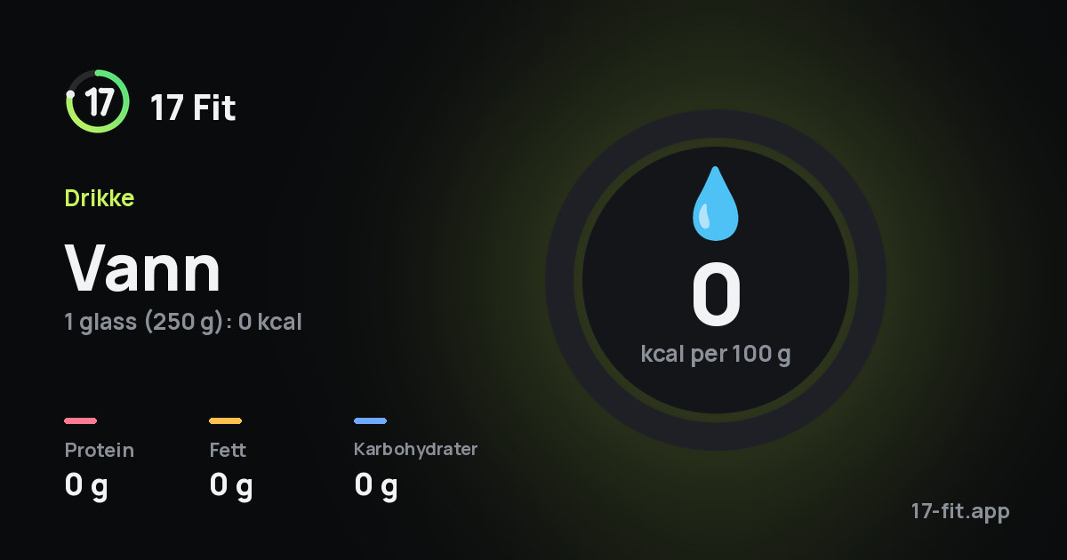 Vann: 0 kcal per 100 g, 0 g protein, 0 g fett, 0 g karbohydrater.