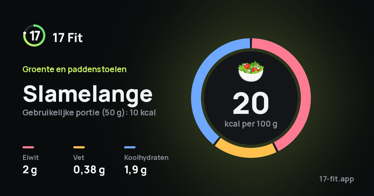 Slamelange: 20 kcal per 100 g, eiwit 2 g, vet 0,38 g, koolhydraten 1,9 g.