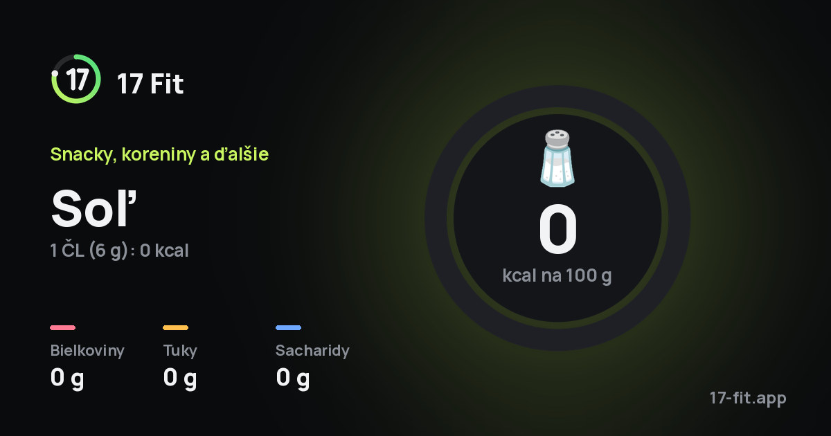 Soľ: 0 kcal na 100 g, bielkoviny 0 g, tuky 0 g, sacharidy 0 g.