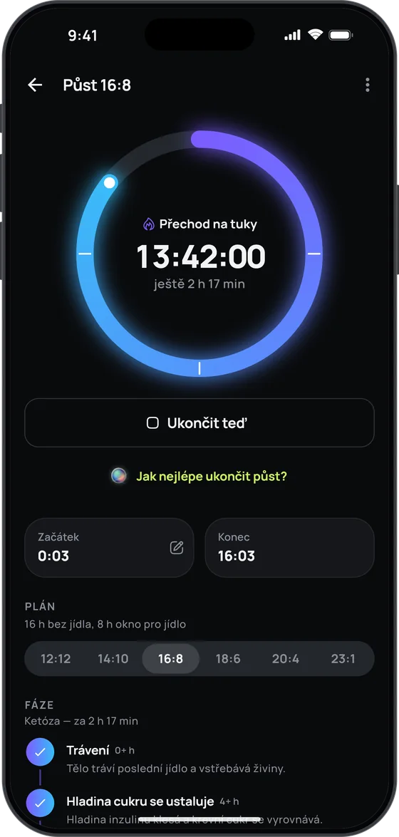 Půst 16:8: fáze „Přechod na tuky“, 13:42:00 a „ještě 2 h 17 min“, plány od 12:12 do 23:1 a přehled fází