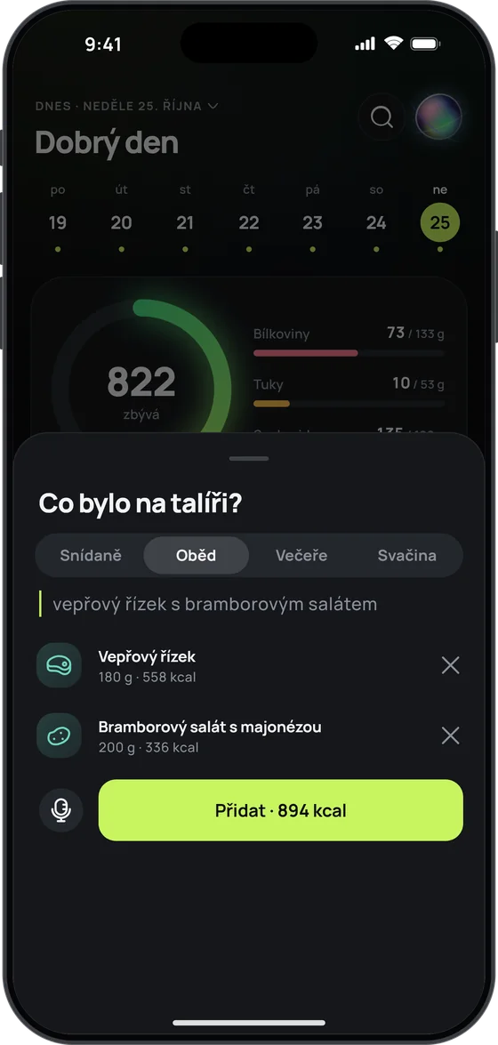 „Co bylo na talíři?“: z řeči rozpoznaný „vepřový řízek s bramborovým salátem“ – vepřový řízek 180 g (558 kcal) a bramborový salát s majonézou 200 g (336 kcal) – a tlačítko „Přidat · 894 kcal“