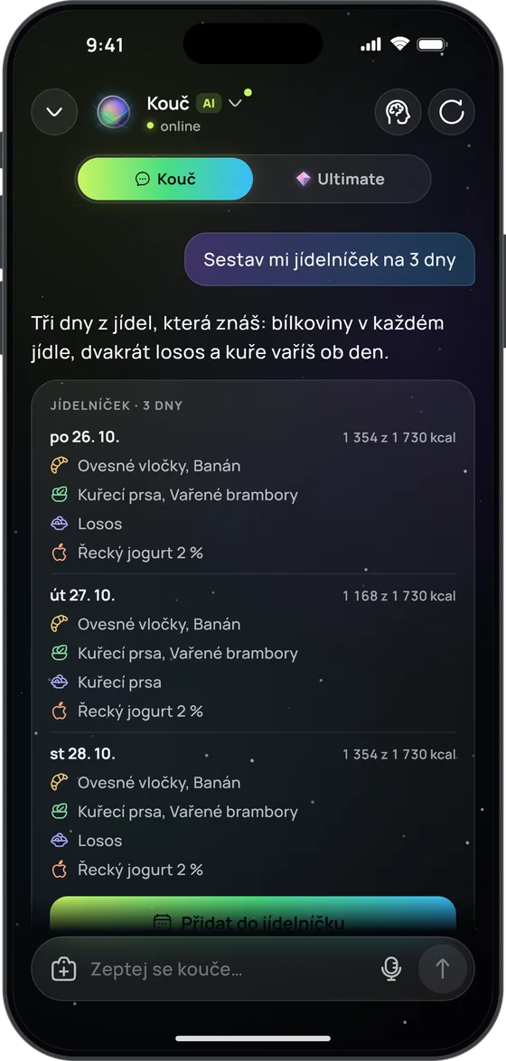 AI kouč na prosbu „Sestav mi jídelníček na 3 dny“: tři dny z jídel, která znáš – ovesné vločky s banánem, kuřecí prsa s vařenými bramborami, losos a řecký jogurt 2 %