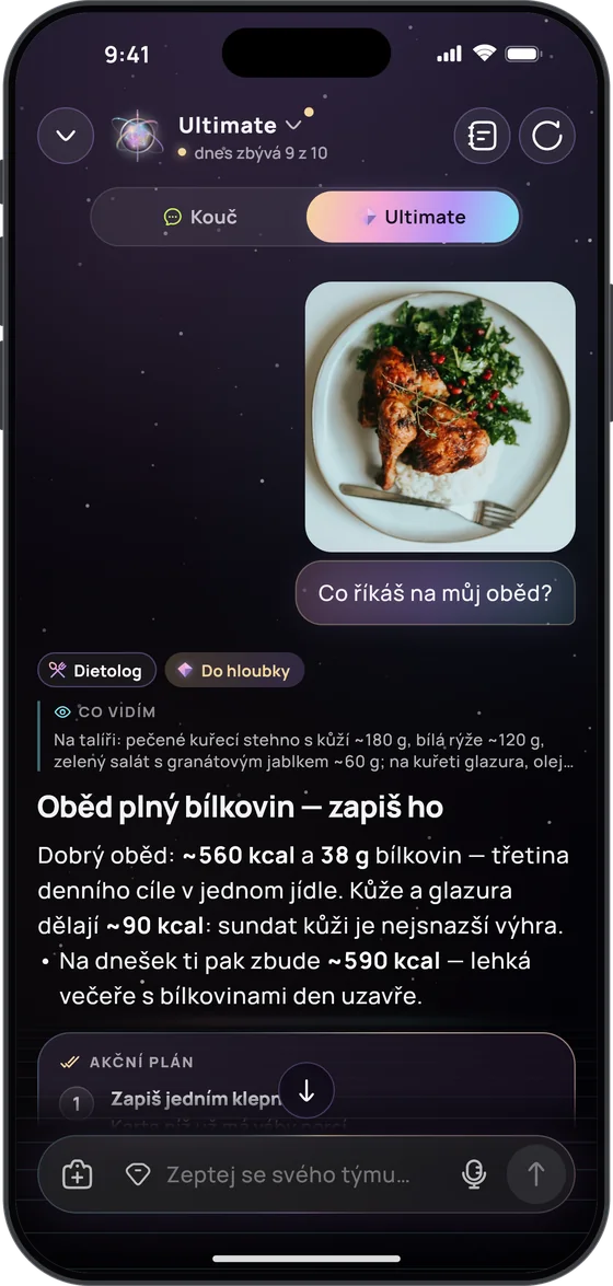 Ultimate hodnotí fotku oběda: pečené kuřecí stehno, rýže a salát, zhruba 560 kcal a 38 g bílkovin – „Oběd plný bílkovin – zapiš ho“