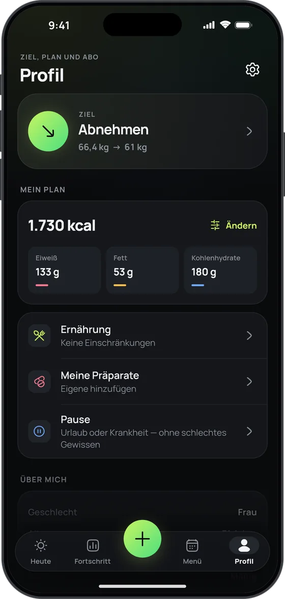 Profil in 17 Fit: das Ziel und der Kalorien- und Makroplan