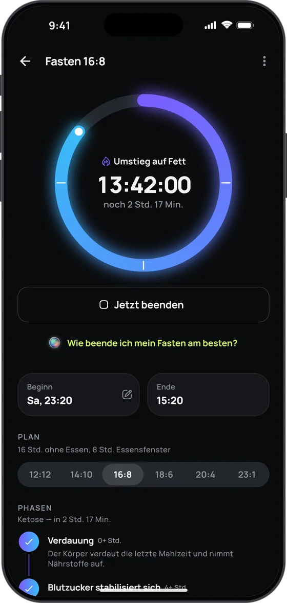 Timer für Intervallfasten in 17 Fit, 16:8, mit seinen Phasen