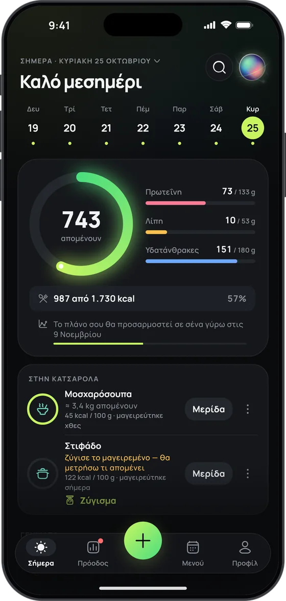 Η κάρτα «Στην κατσαρόλα» στο 17 Fit: μοσχαρόσουπα («≈ 3,4 kg απομένουν») και στιφάδο, το καθένα με κουμπί «Μερίδα»