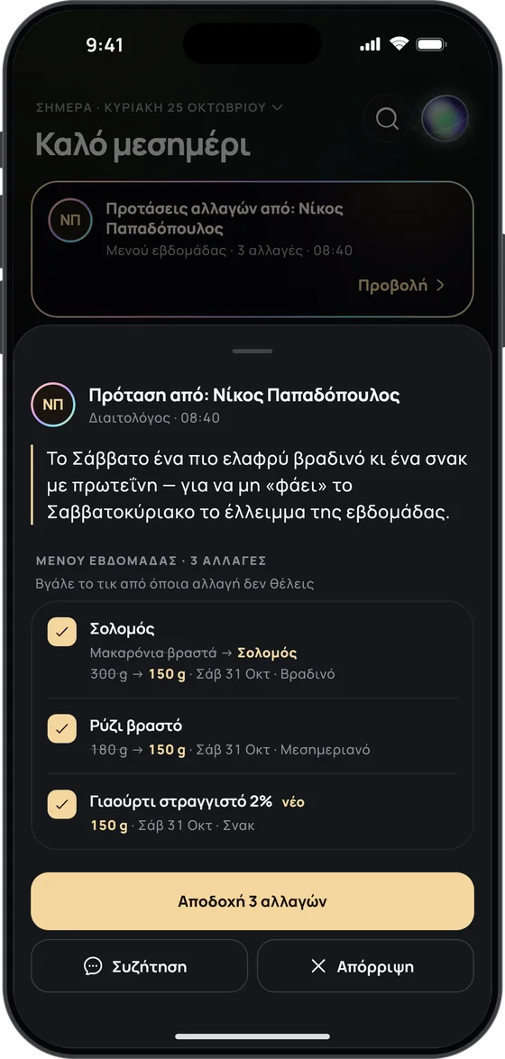 «Πρόταση από: Νίκος Παπαδόπουλος», διαιτολόγος: τρεις αλλαγές στο μενού του Σαββάτου – σολομός αντί για μακαρόνια, λιγότερο ρύζι και ένα νέο γιαούρτι στραγγιστό – με τικ σε καθεμία και το κουμπί «Αποδοχή 3 αλλαγών»