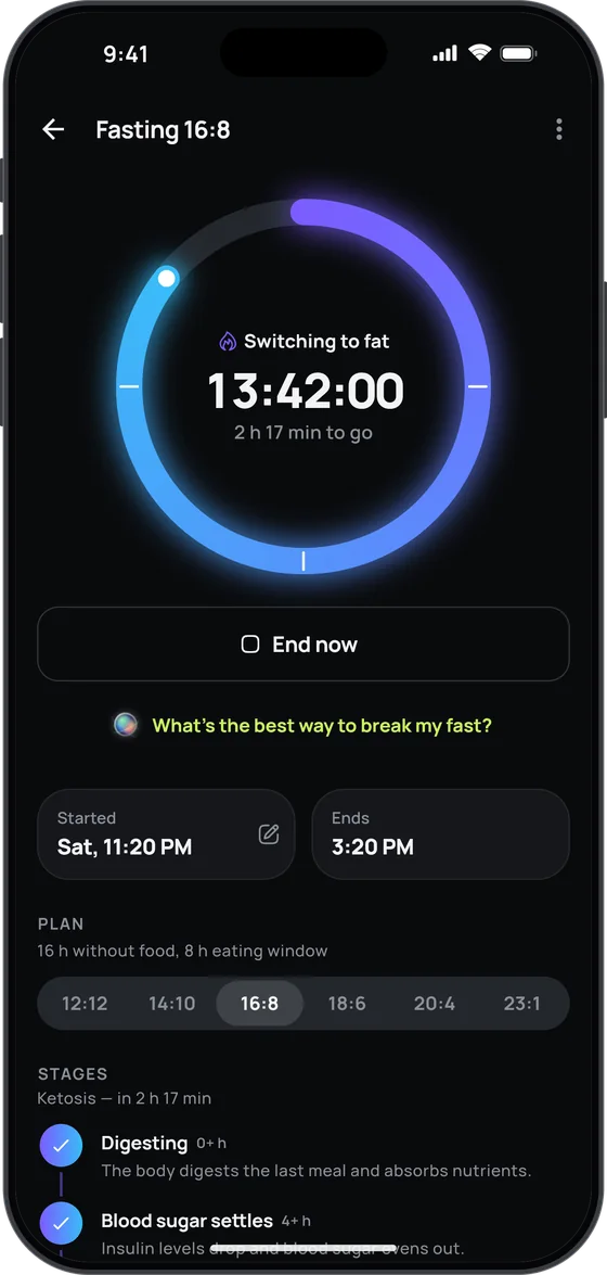 Intermittent fasting timer in 17 Fit, 16:8, with its stages