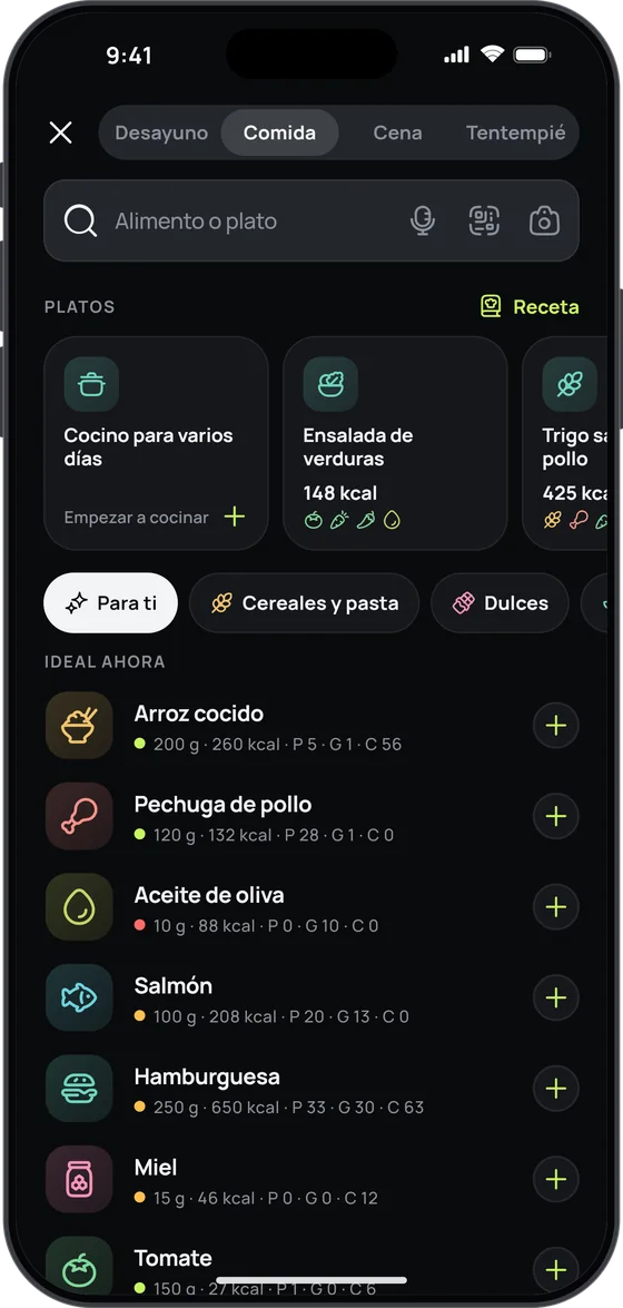 Añadir comida en 17 Fit: búsqueda en el catálogo, foto, voz y código de barras