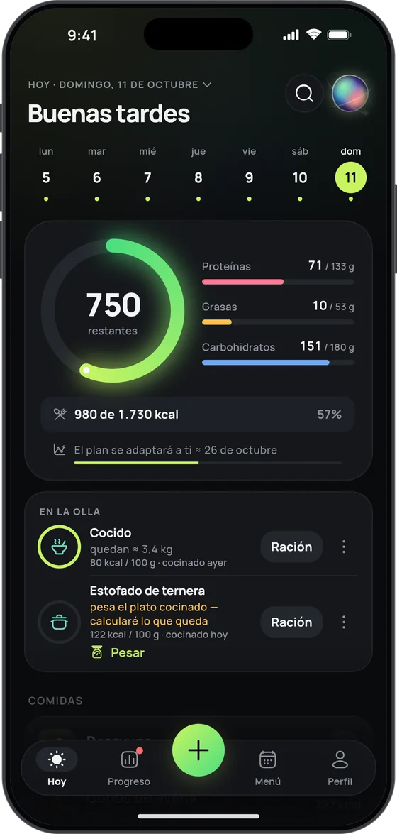 La tarjeta «En la olla» de 17 Fit: un cocido y un estofado de ternera, cada uno con su botón «Ración» y lo que queda