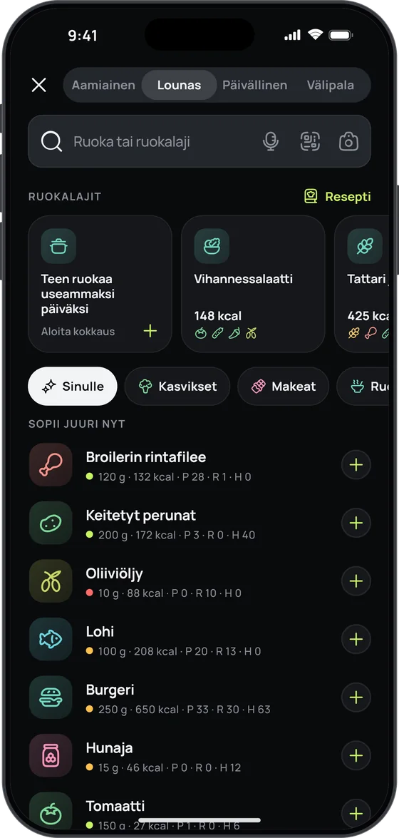 17 Fitin ruokahaku: ruokalajit, ”Teen ruokaa useammaksi päiväksi” ja ”Sinulle”-valikoiman ”Sopii juuri nyt” – broilerin rintafilee, keitetyt perunat, oliiviöljy ja lohi