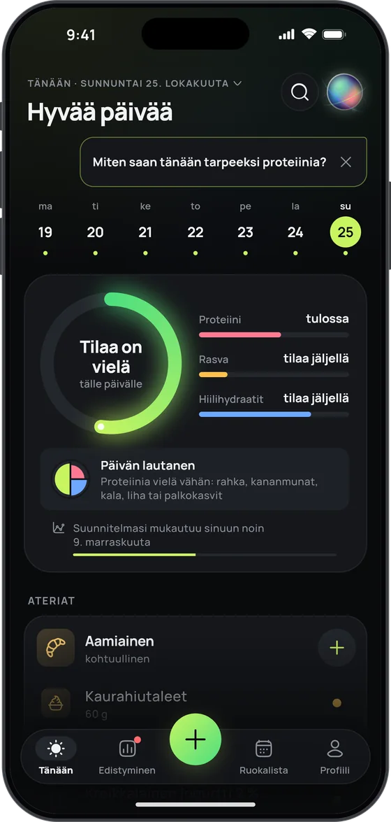 Tänään-näkymä ”Ilman numeroita” -tilassa: ”Tilaa on vielä tälle päivälle”, proteiini ”tulossa”, rasva ja hiilihydraatit ”tilaa jäljellä”
