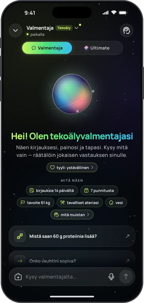 Tekoälyvalmentajan aloitusnäkymä ”Hei! Olen tekoälyvalmentajasi” ja ”Mitä näen”: kirjauksia 14 päivältä, 7 punnitusta, tavoite 61 kg, tavalliset ateriasi, vesi ja ”mitä muistan”