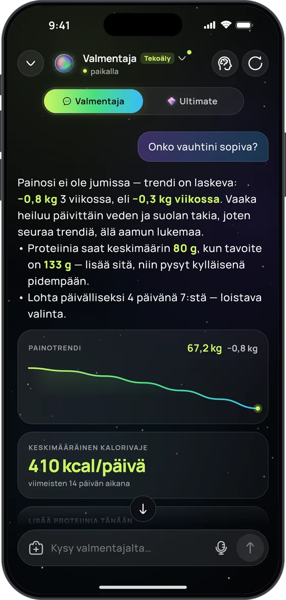 Tekoälyvalmentaja vastaa kysymykseen ”Onko vauhtini sopiva?”: painotrendi −0,8 kg 3 viikossa ja keskimääräinen kalorivaje 410 kcal päivässä