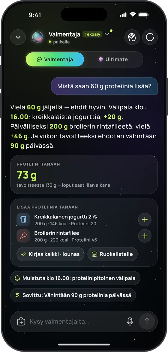 Tekoälyvalmentaja vastaa kysymykseen ”Mistä saan 60 g proteiinia lisää?”: kreikkalaista jogurttia ja broilerin rintafileetä, muistutus kello 16 ja lupaus ”Vähintään 90 g proteiinia päivässä”