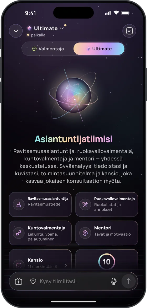Ultimate-valmentaja ”Asiantuntijatiimisi”: ravitsemusasiantuntija, ruokavaliovalmentaja, kuntovalmentaja ja mentori, kansio (11 merkintää) ja 10 vastausta tänään