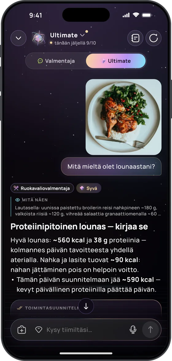 Ultimate vastaa kuvaan ja kysymykseen ”Mitä mieltä olet lounaastani?”: ”Mitä näen” – broilerin reisi nahkoineen, valkoista riisiä ja vihreää salaattia granaattiomenalla – ja ”Proteiinipitoinen lounas – kirjaa se”, noin 560 kcal ja 38 g proteiinia