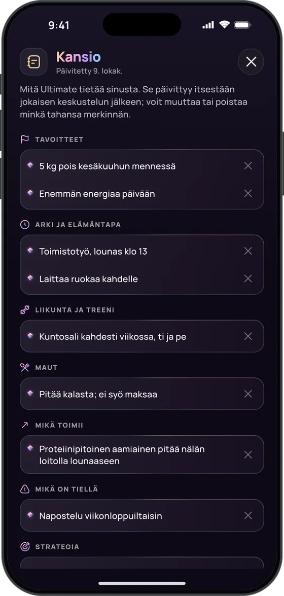 Ultimate-valmentajan kansio: Tavoitteet (”5 kg pois kesäkuuhun mennessä”), Arki ja elämäntapa, Liikunta ja treeni, Maut, Mikä toimii, Mikä on tiellä ja Strategia