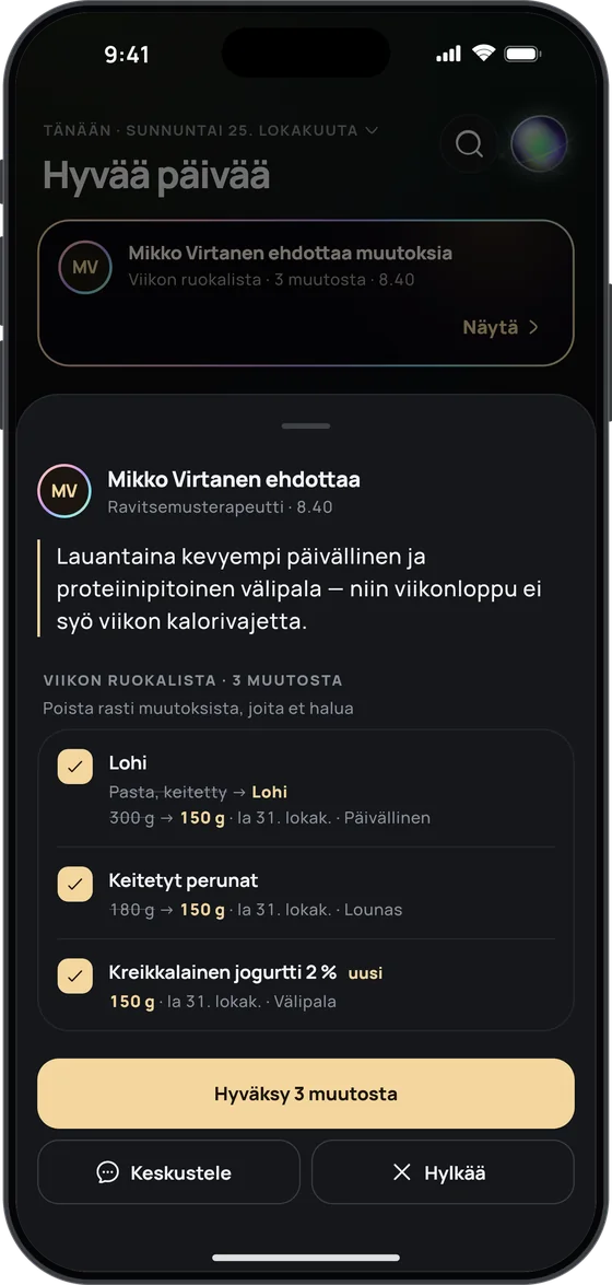 Ravitsemusterapeutin ehdotus asiakkaan puhelimessa: kevyempi päivällinen ja proteiinipitoinen välipala lauantaina – lohta pastan sijaan, vähemmän perunaa ja uutena kreikkalaista jogurttia, painikkeet ”Hyväksy 3 muutosta”, ”Keskustele” ja ”Hylkää”
