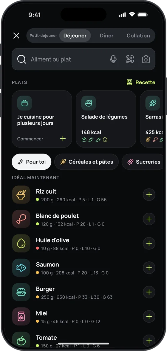 Ajout d’un aliment dans 17 Fit : recherche dans le catalogue, photo, voix et code-barres