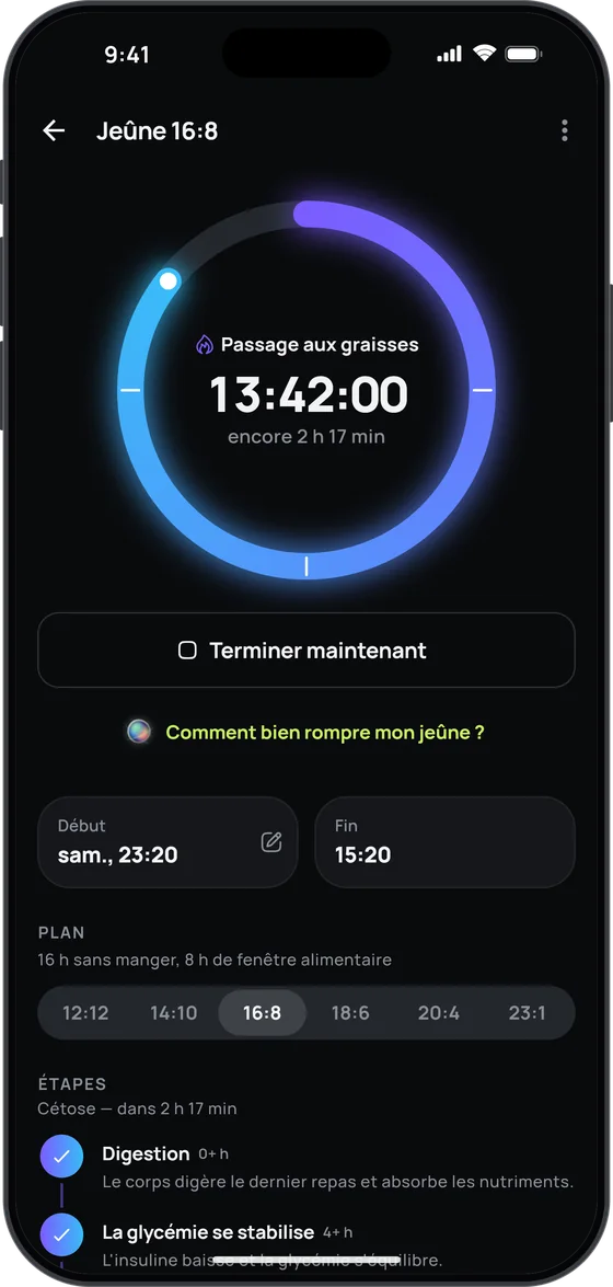 Minuteur de jeûne intermittent 16:8 dans 17 Fit, avec ses étapes