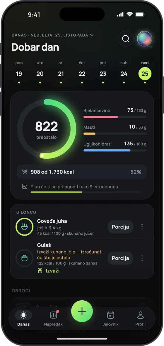 Kartica „U loncu“ u 17 Fitu: goveđa juha (još ≈ 3,4 kg) i gulaš koji tek treba izvagati, svako jelo s gumbom „Porcija“