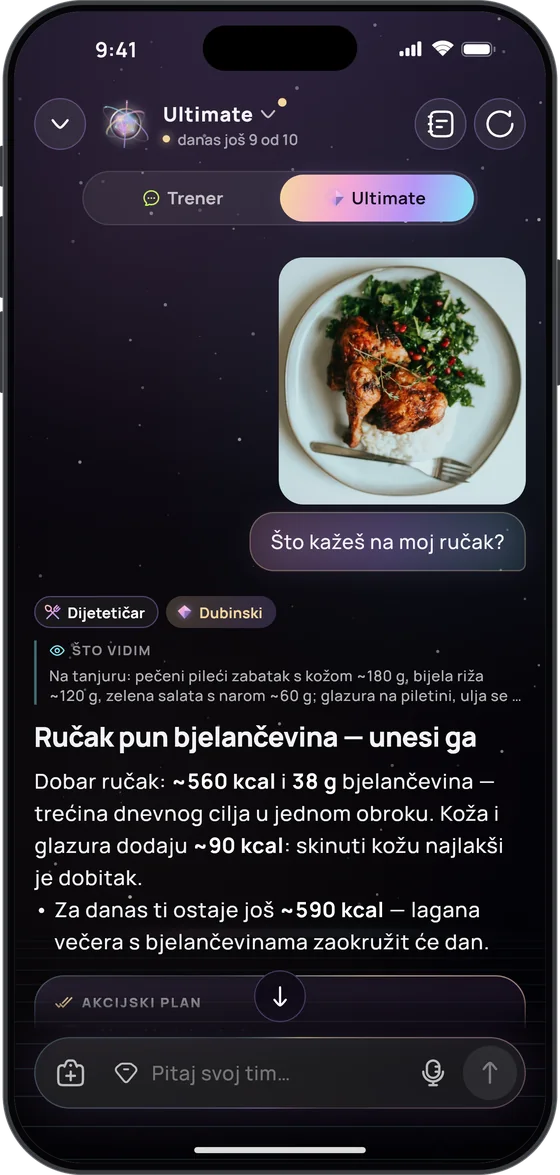 Ultimate trener odgovara na „Što kažeš na moj ručak?“: u „Što vidim“ pečeni pileći zabatak s kožom, bijela riža i zelena salata s narom, zatim „Ručak pun bjelančevina – unesi ga“, oko 560 kcal i 38 g bjelančevina
