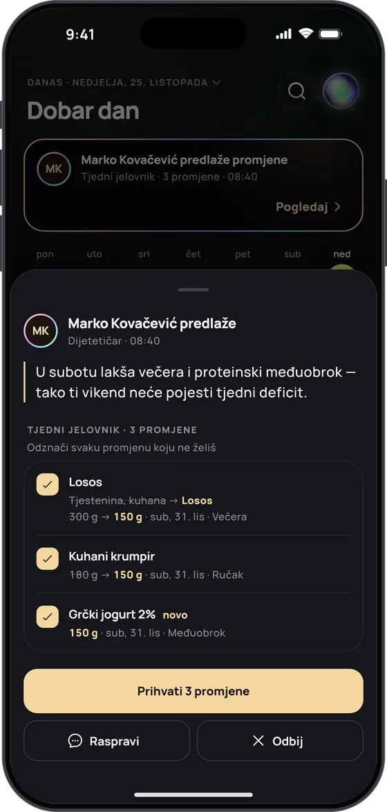 Prijedlog dijetetičara Marka Kovačevića: tri promjene subotnjeg jelovnika, od kojih se svaka može odznačiti, i gumb „Prihvati 3 promjene“