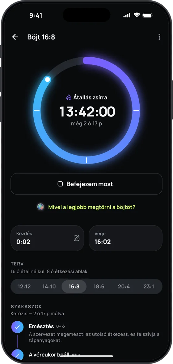 A „Böjt 16:8” időzítő: 13:42:00 telt el, „Átállás zsírra”, még 2 ó 17 p, alatta a böjtrendek és a szakaszok