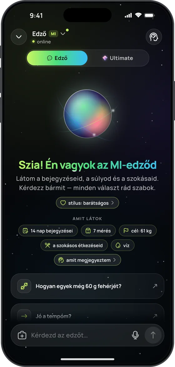 Az MI-edző üdvözlőképernyője az „Amit látok” résszel: 14 nap bejegyzései, 7 mérés, cél: 61 kg, a szokásos étkezéseid, víz és „amit megjegyeztem”