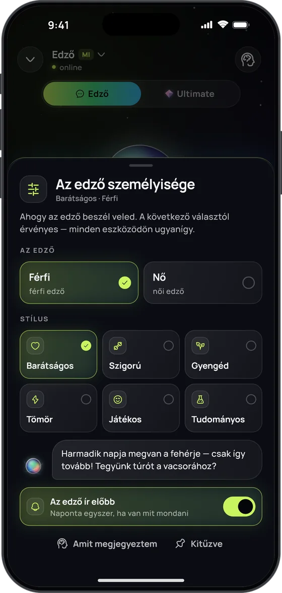 Az edző személyisége: „Férfi” vagy „Nő”, hat stílus (kiválasztva: Barátságos) és „Az edző ír előbb” kapcsoló