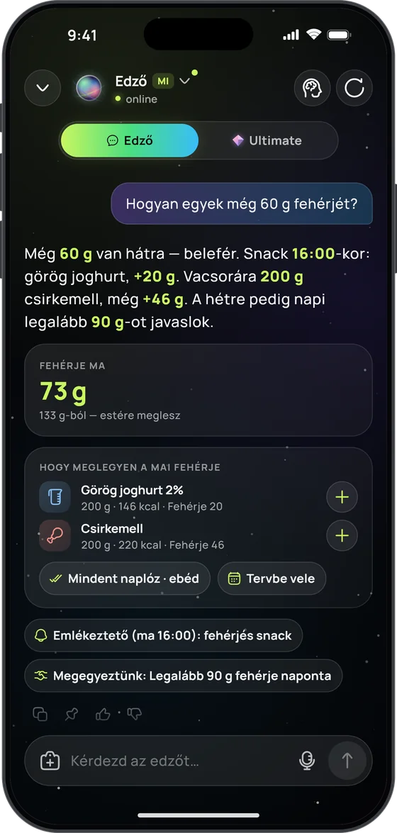 Az MI-edző válasza a „Hogyan egyek még 60 g fehérjét?” kérdésre: görög joghurt és csirkemell, emlékeztető ma 16:00-ra és a heti cél: „Legalább 90 g fehérje naponta”