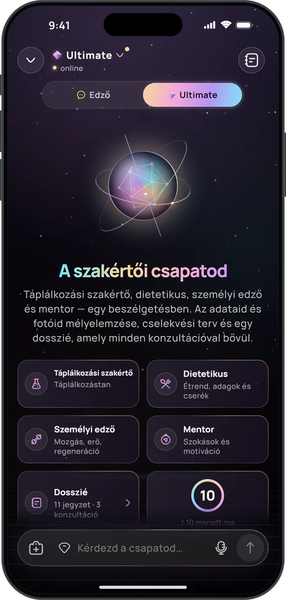 Ultimate edző, „A szakértői csapatod”: táplálkozási szakértő, dietetikus, személyi edző és mentor, a dosszié (11 jegyzet, 3 konzultáció) és a mára maradt 10 válasz