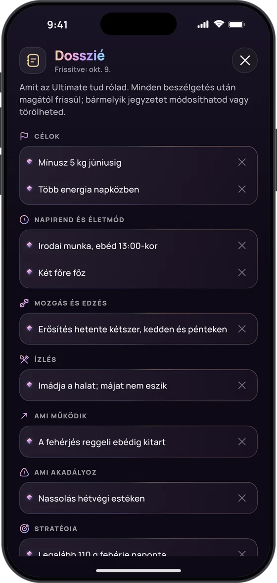 Az Ultimate edző dossziéja: célok („Mínusz 5 kg júniusig”), napirend és életmód, mozgás és edzés, ízlés, ami működik, ami akadályoz, és stratégia