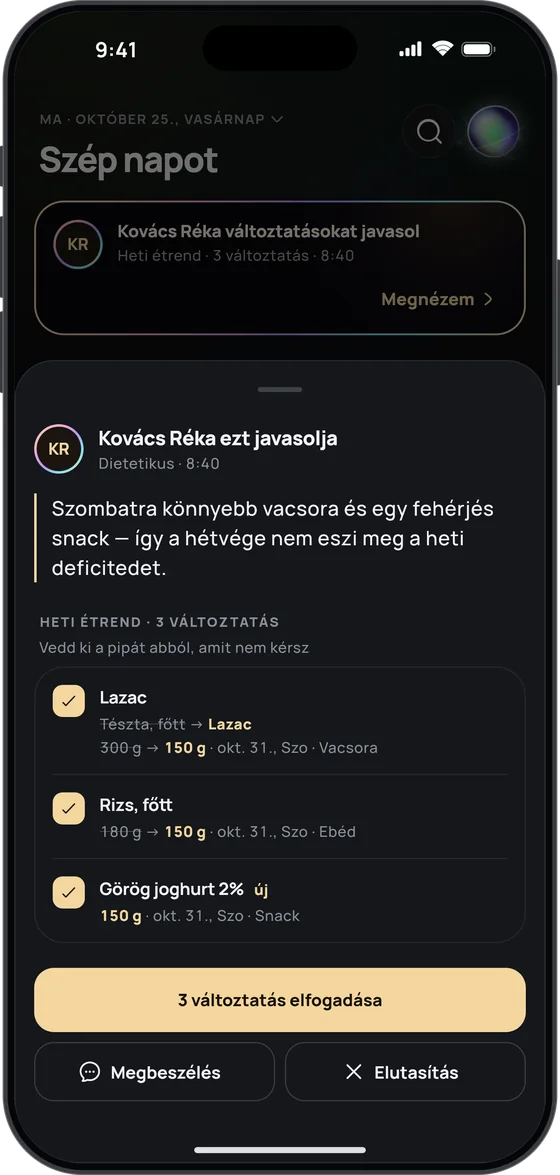 Kovács Réka dietetikus javaslata: három változtatás a szombati étrendben – lazac a tészta helyett, kevesebb rizs és egy görög joghurt –, mindegyik külön is elfogadható