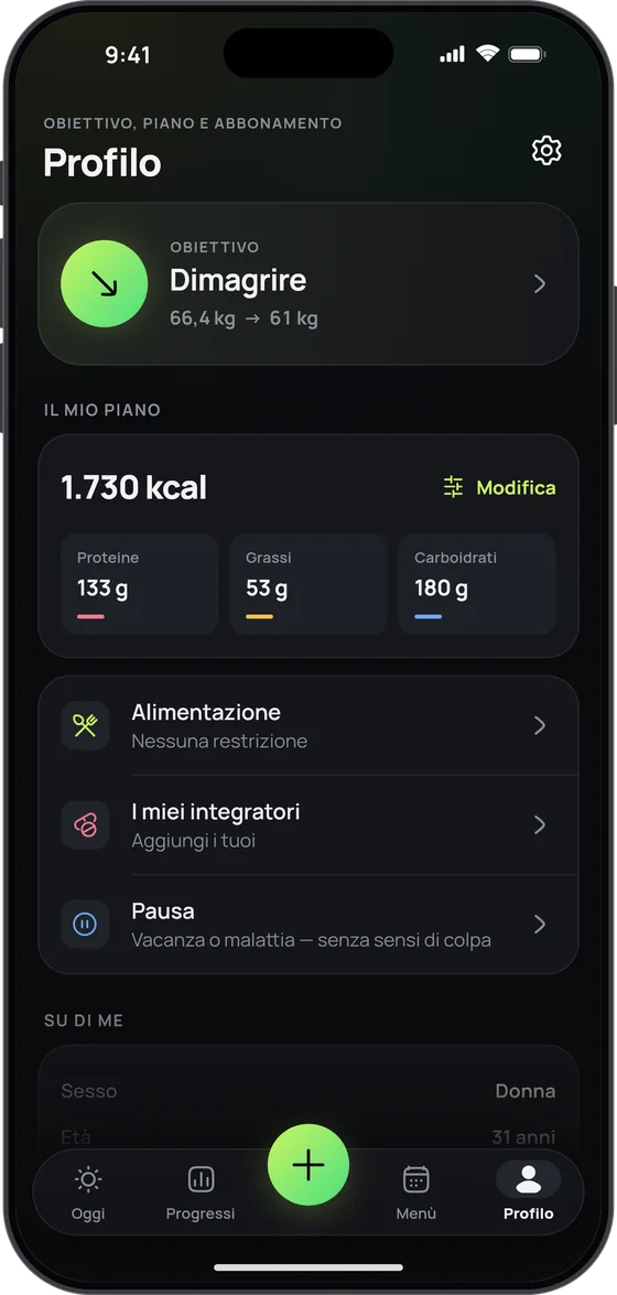 Schermata Profilo di 17 Fit: l’obiettivo e il piano di calorie e macro