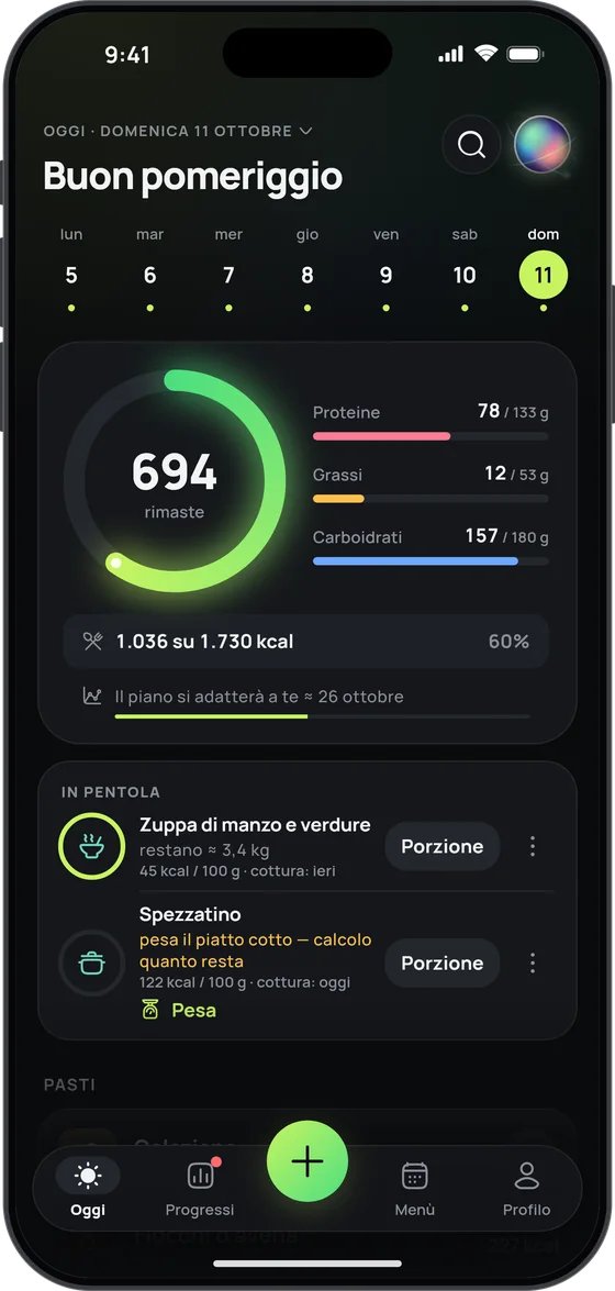 La scheda «In pentola» di 17 Fit: una zuppa di manzo e verdure e uno spezzatino, ciascuno con il pulsante Porzione e quanto ne resta