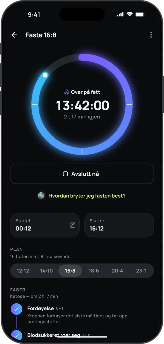 Timeren for periodisk faste, 16:8, med fasene