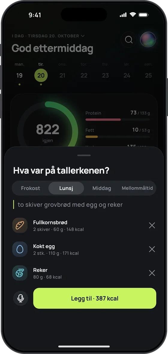 17 Fit: «to skiver grovbrød med egg og reker», forstått fra tale – 387 kcal, klart til å legges til