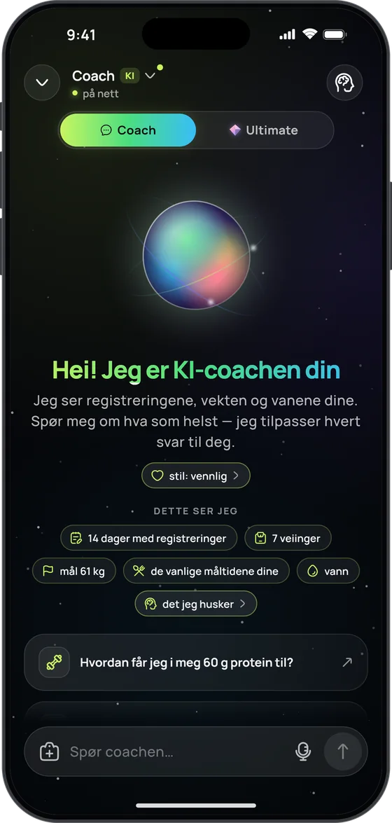 Velkomstskjermen til KI-coachen med «Dette ser jeg»: 14 dager med registreringer, 7 veiinger, mål 61 kg, de vanlige måltidene dine, vann og «det jeg husker»