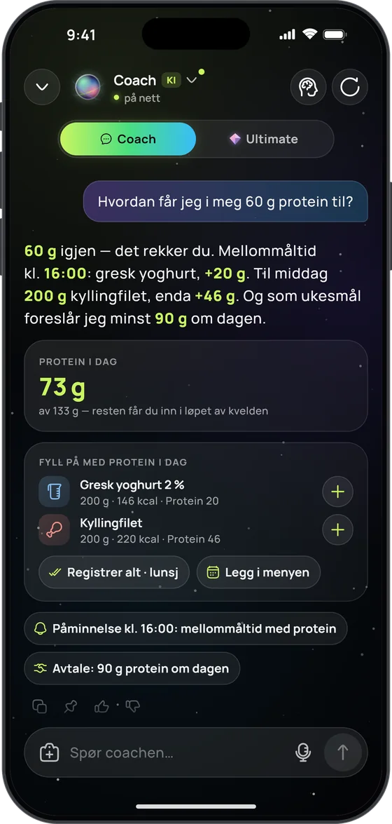 KI-coachen foreslår hvordan du får nok protein, med en påminnelse og et mål for uken