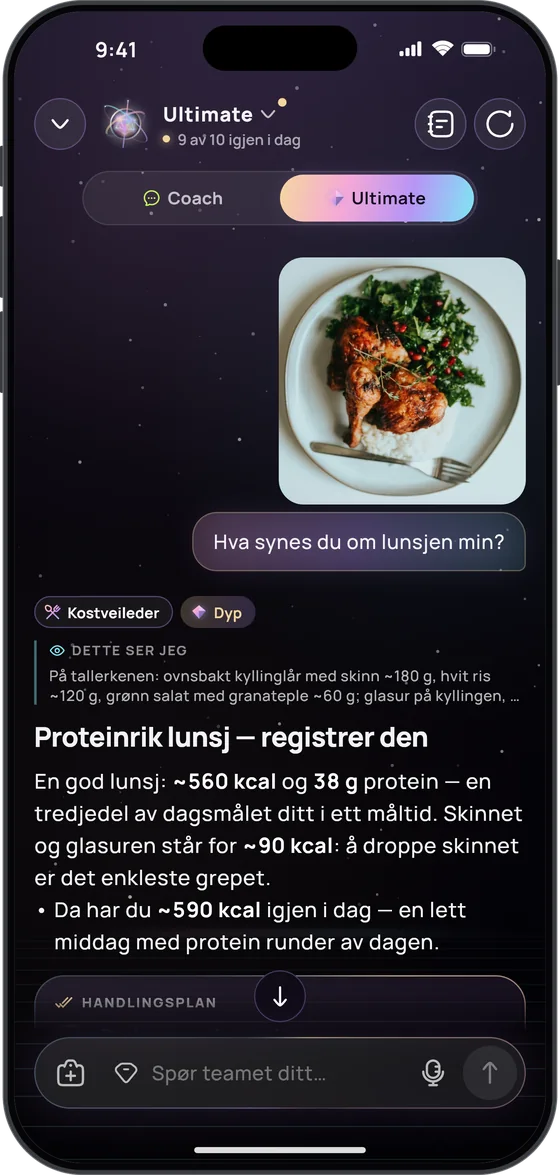 Ultimate vurderer et bilde av lunsjen: kyllinglår, ris og salat, rundt 560 kcal og 38 g protein